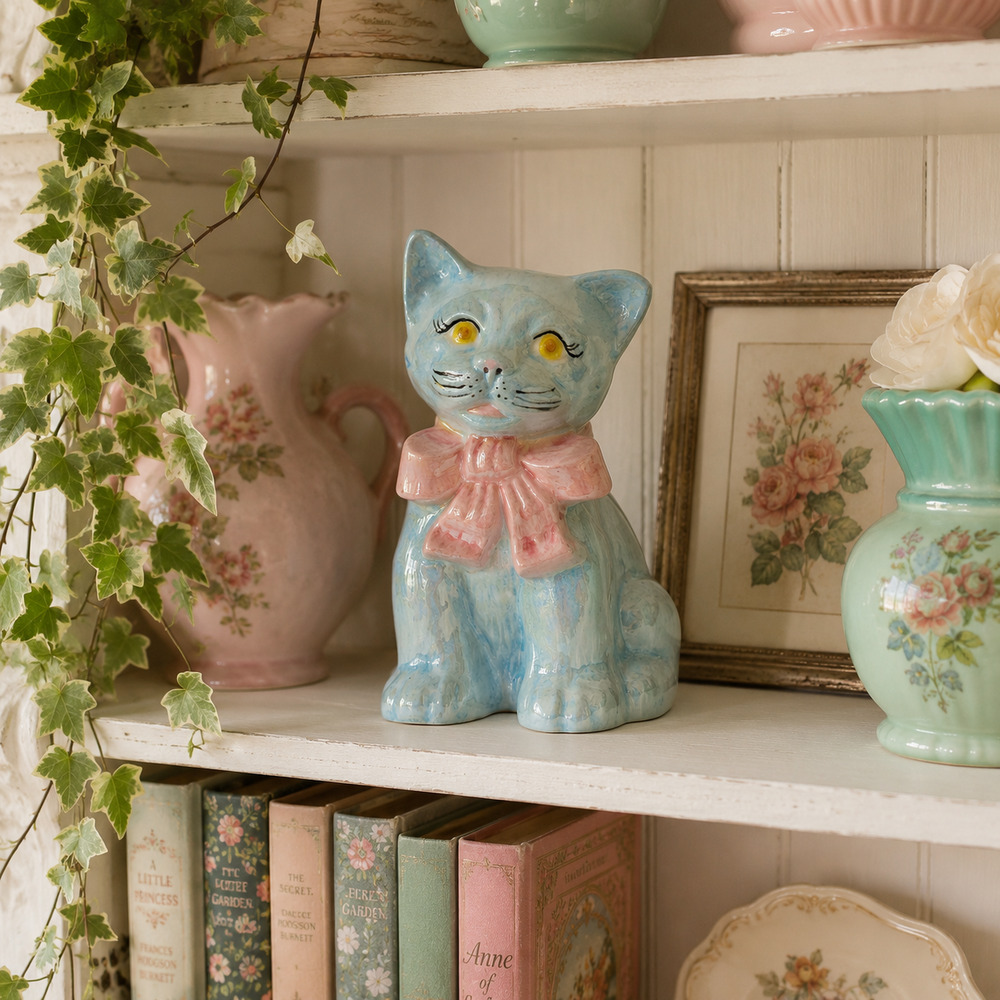 Vintage Iridescent Blue Ceramic Cat Figurine Pink Bow | Whimsical Mid-Century